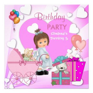 3rd Birthday 3 Party Cute Pink Hearts Girls Personalized Announcement