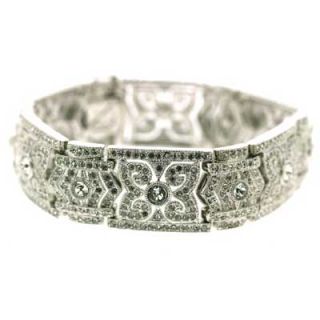crystal vintage style wide bangle bracelet in white rhodium plated