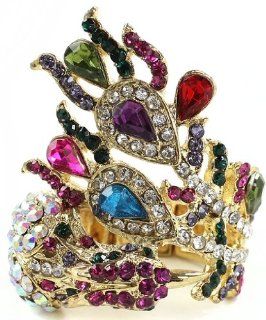 Fancy Gold Tone Colorful Pink, Green, Topaz, Purple, Red and Blue Crystal Peacock Feathers Ring   Adjustable Stretch Band Right Hand Rings Jewelry