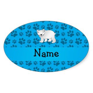Personalized name polar bear blue paw pattern oval stickers