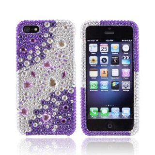 Purple/ Silver Rhinestones Bling Apple iPhone 5 / 5S Hard Case Cover; Fashion Jeweled Snap On Plastic Case; Perfect Fit as Best Coolest Design Cases for iPhone 5 / 5S/Apple 5 / 5S Compatible with Verizon, AT&T, Sprint,T Mobile and Unlocked Phones Cell