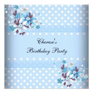 Birthday Party Pretty Blue White Spots Flowers Invite