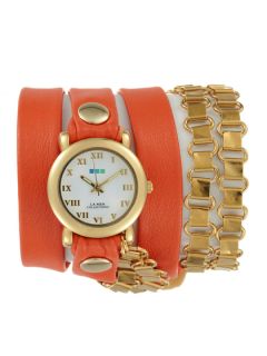 Womens Orange Leather & Gold Wrap Watch by La Mer Collections