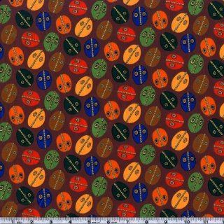 45'' Wide My African Village Masks Maroon Fabric By The Yard
