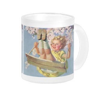 Vintage Child, Girl Swinging on Tree Swing, Spring Mug