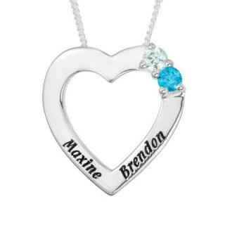 Heart Simulated Birthstone Pendant in Sterling Silver (2 Names and