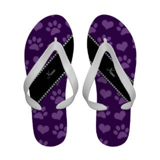 Personalized name purple hearts and paw prints Flip Flops