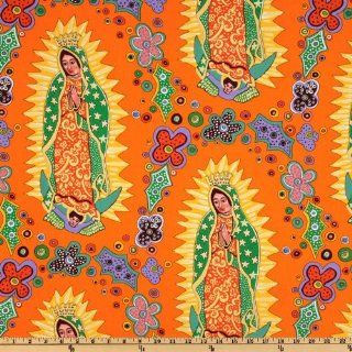 44'' Wide Los Sanctos Our Lady of Guadalupe Orange Fabric By The Yard