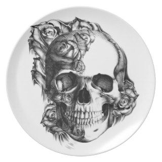 Hand drawn rose skull in black and white. plates