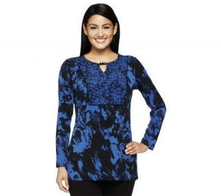 Susan Graver Liquid Knit Printed Tunic with Beaded Keyhole Detail —