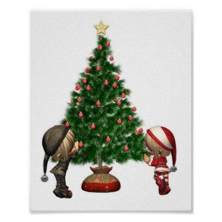 Christmas Elves   decorate the tree Print