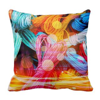 Bold Colorful Yarn Threads and Light Beams Throw Pillows