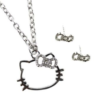 Hello Kitty Necklace Set with Crystals   Silver/