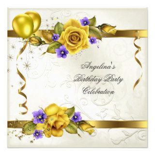 Rose Yellow Gold Purple Cream Birthday Party Announcements