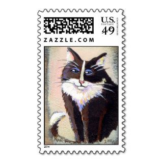 Tiny Art # 303   Bemused tuxedo cat painting art Stamps