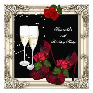 50th Birthday Party Red Rose Gold Champagne Invitation