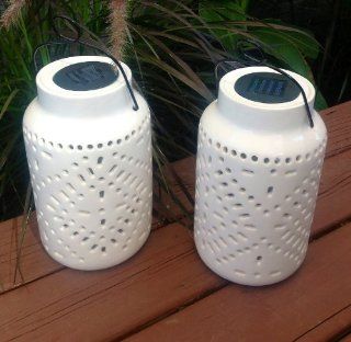 Set of 2 Outdoor Large Solar Ceramic Lanterns   White  Camping Lanterns  Patio, Lawn & Garden