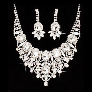 Bridal Wedding Jewelry Set Crystal Rhinestone Luxurious Dazzle Necklace Silver Jewelry