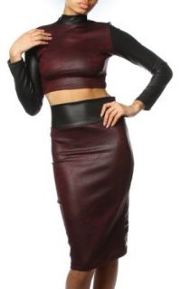Pinkclubwear Printed Faux Leather Mock Neck Crop Top W/ Pencil Skirt Set Burgundy Small Dresses
