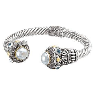 925 Silver , Mabe Pearl & Blue Topaz Cuff Bracelet with 18k Gold Accents Firenze Collection Jewelry