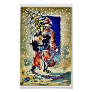 Santa claus walks with  gifts and christmas tree g poster