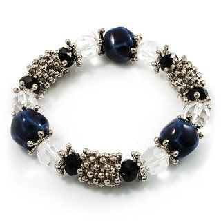 Dark Blue Ceramic Bead Flex Bracelet (Silver Tone) Jewelry