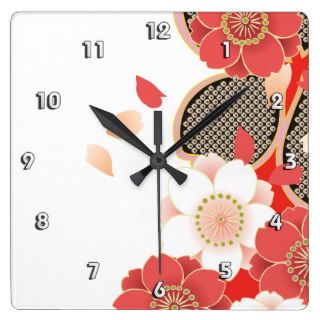 Cute Vintage Retro Floral Red White Vector Square Wall Clocks
