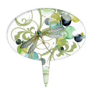 Cute dragonfly with abstract swirls & chic pearls oval cake picks