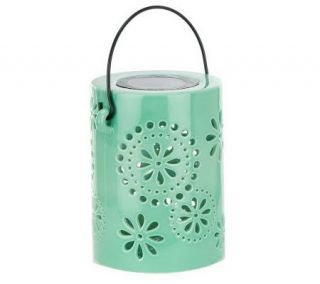 Ceramic Solar Powered Hanging Lantern with Decorative Floral Cutouts —