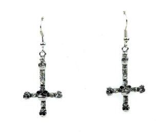 Silver Inverted Cross Skull Gothic Earrings Jewelry