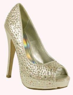 Lorica By Delicious Iridescent Crystal Studded Peep toe Platform Heels in Silver Shimmer Pumps Shoes Shoes