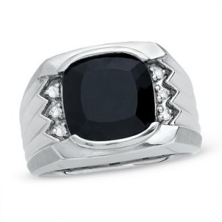 Mens Cushion Cut Onyx Ring in Sterling Silver with Diamond Accents