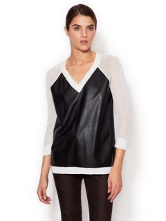 V Neck Sweater with Faux Leather Combo by Design History