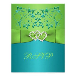 Turquoise, Lime Floral Joined Hearts RSVP Card