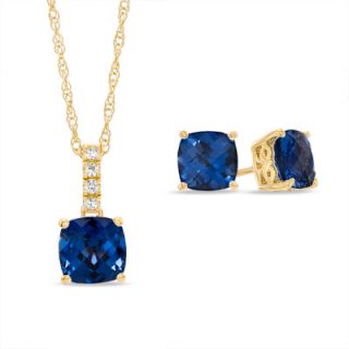 Cushion Cut Lab Created Blue and White Sapphire Pendant and Earrings