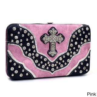 Rhinestone Studded Western Frame Wallet With Cross Accent And Floral Trim