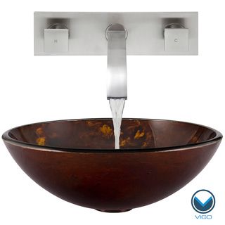 Vigo Brown/ Gold Fusion Glass Vessel Sink And Titus Brushed Nickel Wall Mount Faucet Set