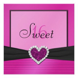 Pink, Black FAUX Glitter Heart Sweet 16 Invite