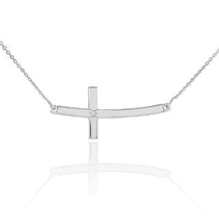 14k White Gold Trendy Sideways Curved Diamond Cross Necklace (18 Inches) Jewelry