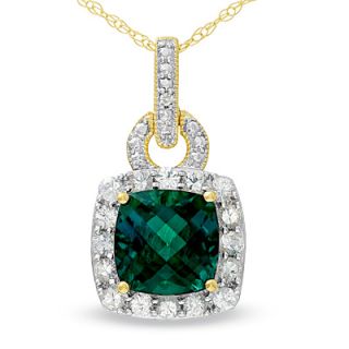 Cushion Cut Lab Created Emerald Frame Pendant in 10K Gold with White