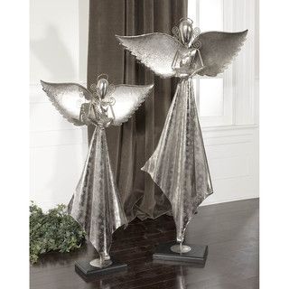 Antiqued Nickel And Mango Wood Angel Sculpture (set Of 2)