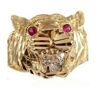14k Yellow Gold, Tiger Face Design Ring Sparkly Cuts and Brilliant Lab Created Gems for Men Guy Gent Man Jewelry