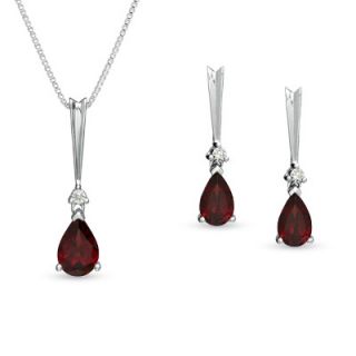 Pear Shaped Garnet and Diamond Accent Pendant and Earrings Set in