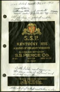 S S P Kentucky Rye Whiskey label S S Pierce 1952 Entertainment Collectibles