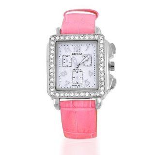Bling Jewelry Geneva Square Deco Pink Leather Strap Watch Jewelry