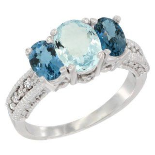 10K White Gold Ladies Oval Natural Aquamarine Ring 3 stone with London Blue Topaz Sides Diamond Accent Jewelry