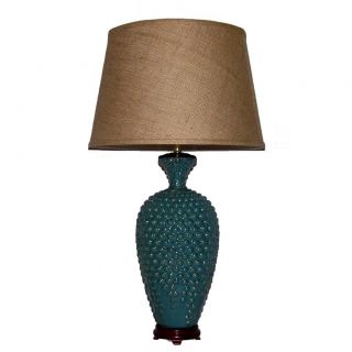 Tall Distressed Blue Hobnail Porcelain Table Lamp With Brown Burlap Shade
