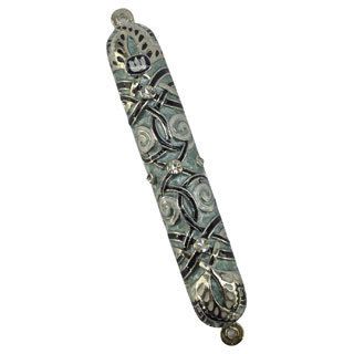 Exotic Fine Crafted Metal Blue, Pearl Jewels Mezuzah Case