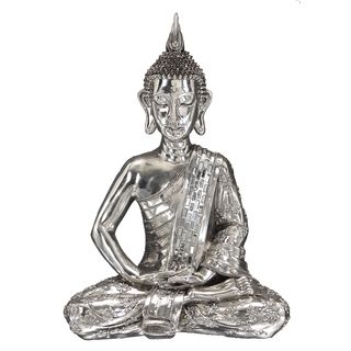 Silvertone Polystone Sitting Buddha Statue
