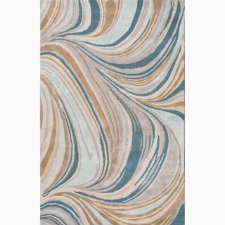 Hand made Blue/ Tan Wool/ Art Silk Plush Pile Rug (2x3)